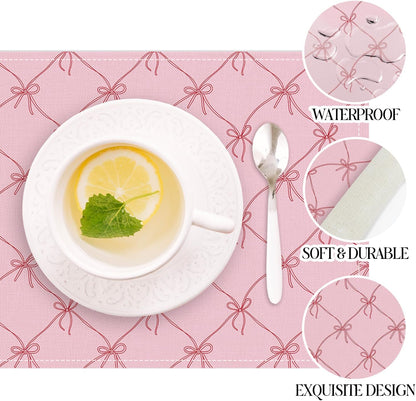 Set of 4 Pink Bow Placemats, Wipeable Washable Heat-Resistant Linen Fabric Table Place Mats, Non-Slip Cute Placemat for Kitchen Table Wedding Party Indoor/Outdoor Decor 12x18 Inch /02