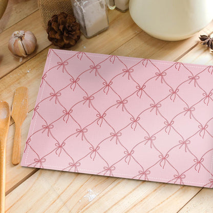 Set of 4 Pink Bow Placemats, Wipeable Washable Heat-Resistant Linen Fabric Table Place Mats, Non-Slip Cute Placemat for Kitchen Table Wedding Party Indoor/Outdoor Decor 12x18 Inch /02