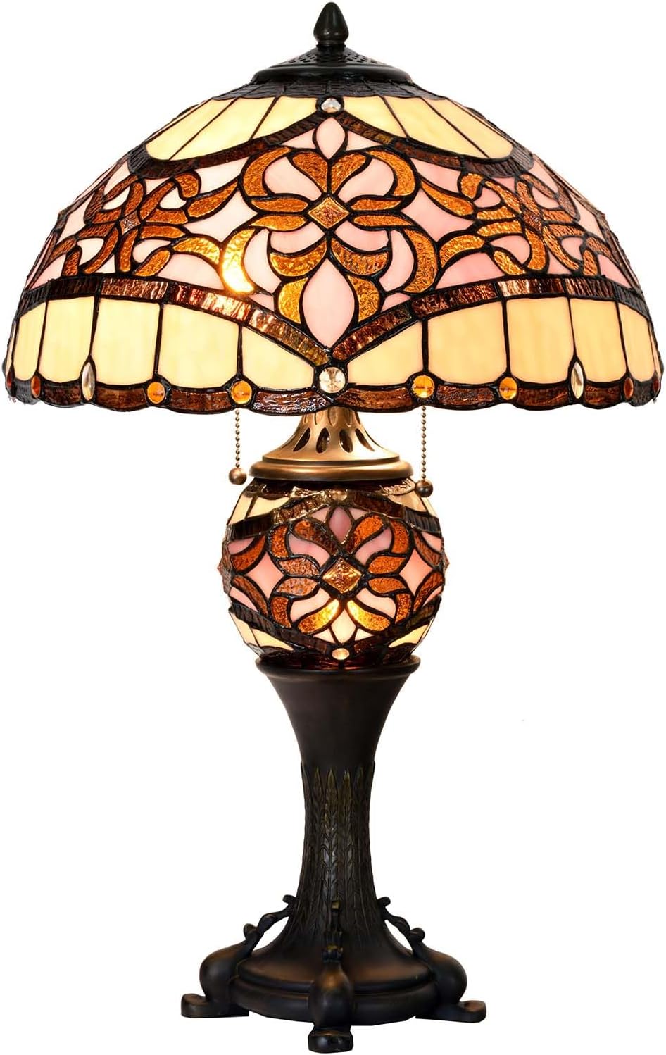 L10912 Baroque Tiffany Style Stained Glass Table Lamp Lighted Base for Living Room Bedside Home Decoration (Pink, 16-inch)