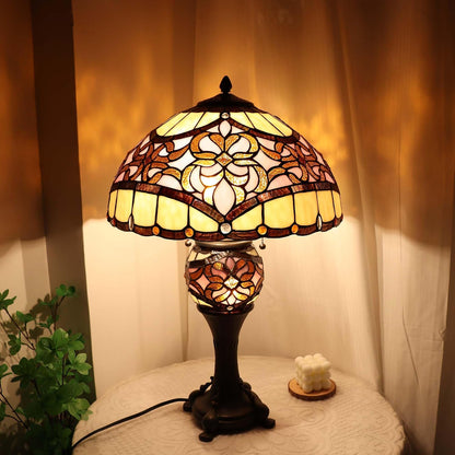 L10912 Baroque Tiffany Style Stained Glass Table Lamp Lighted Base for Living Room Bedside Home Decoration (Pink, 16-inch)
