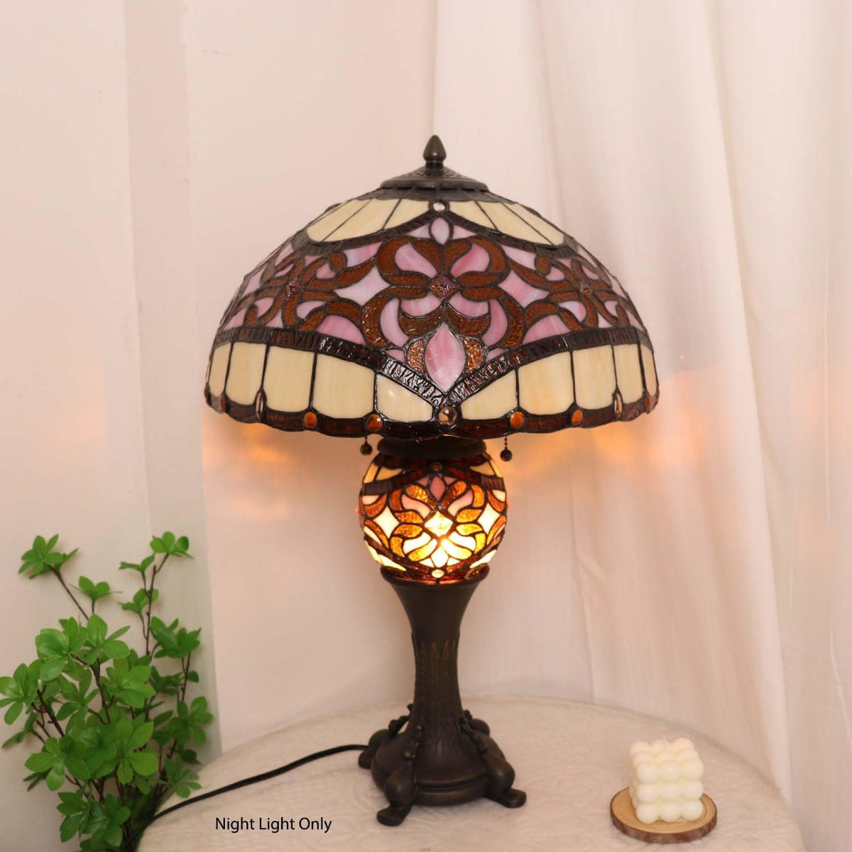L10912 Baroque Tiffany Style Stained Glass Table Lamp Lighted Base for Living Room Bedside Home Decoration (Pink, 16-inch)