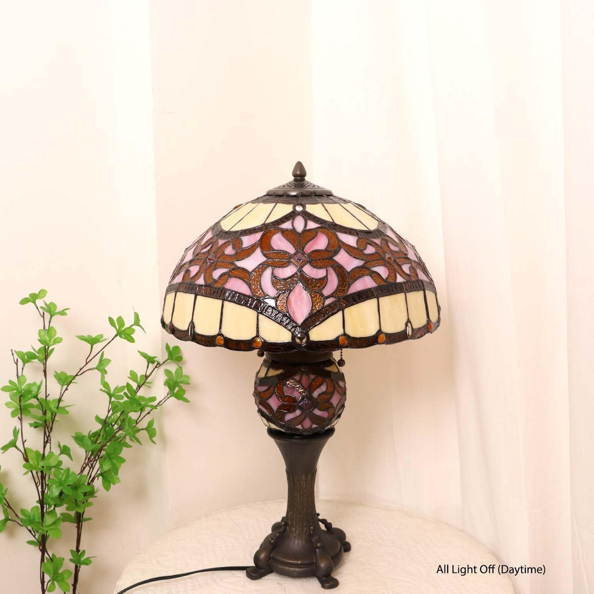 L10912 Baroque Tiffany Style Stained Glass Table Lamp Lighted Base for Living Room Bedside Home Decoration (Pink, 16-inch)