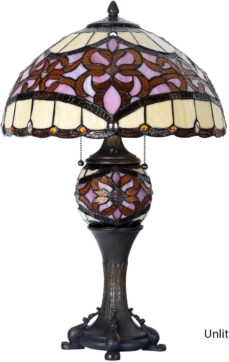 L10912 Baroque Tiffany Style Stained Glass Table Lamp Lighted Base for Living Room Bedside Home Decoration (Pink, 16-inch)