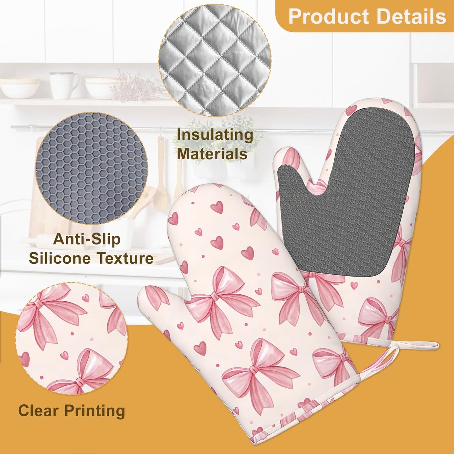 Oven Mitts and Pot Holders Pink Bows Hearts Silicone Kitchen Accessories Set of 4 Heat Resistant Gloves Potholder Non-Slip Grip for Chef Cooking Baking Grilling BBQ