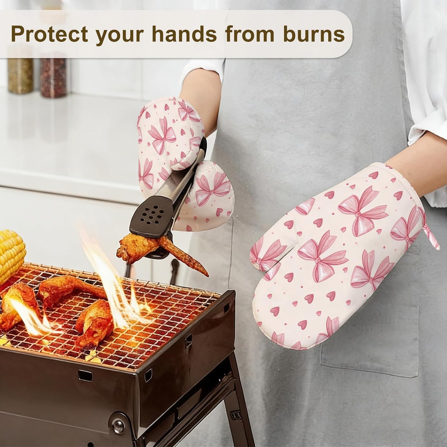 Oven Mitts and Pot Holders Pink Bows Hearts Silicone Kitchen Accessories Set of 4 Heat Resistant Gloves Potholder Non-Slip Grip for Chef Cooking Baking Grilling BBQ