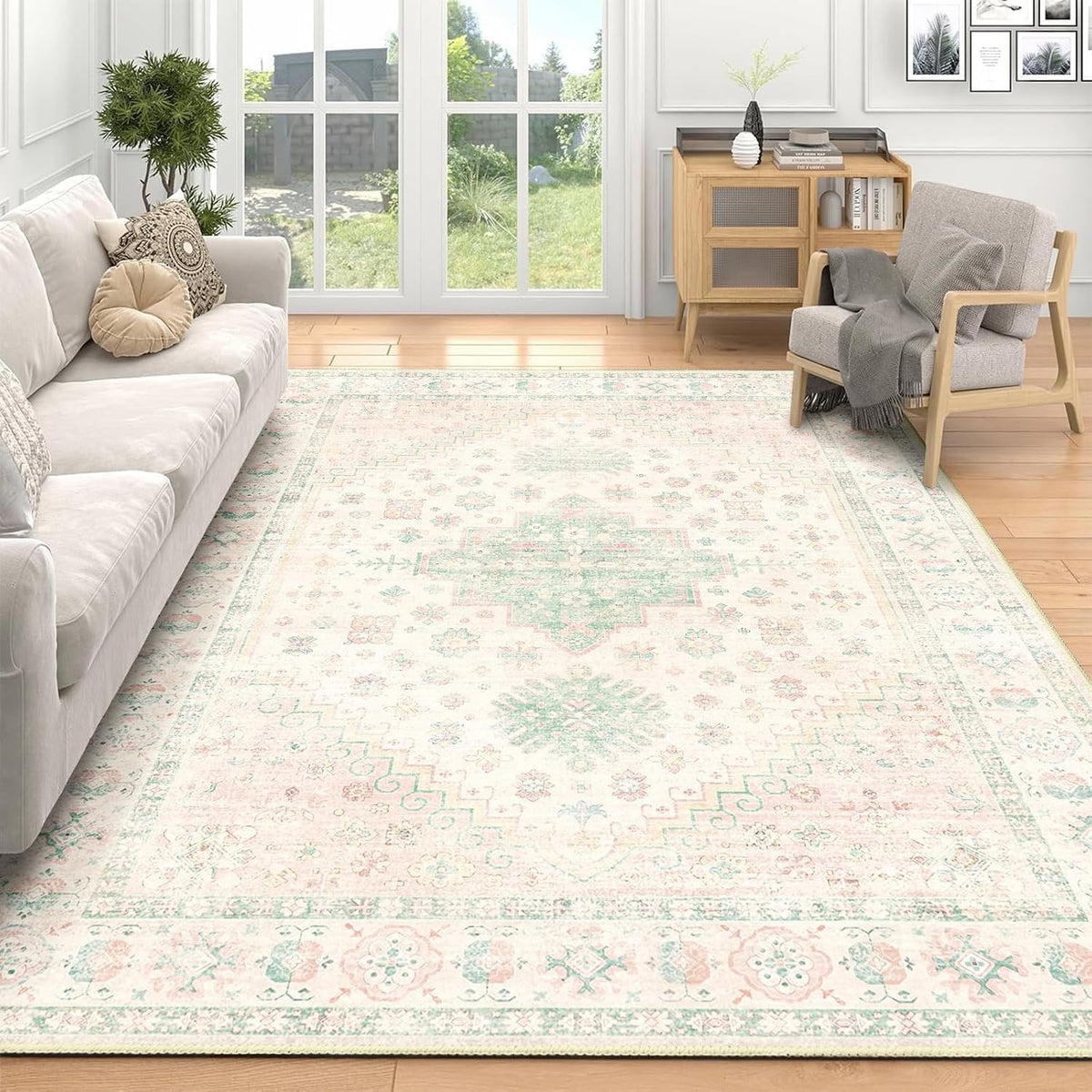 5x7 Area Rugs Washable Boho Low Pile Non Slip Pink and Green Large