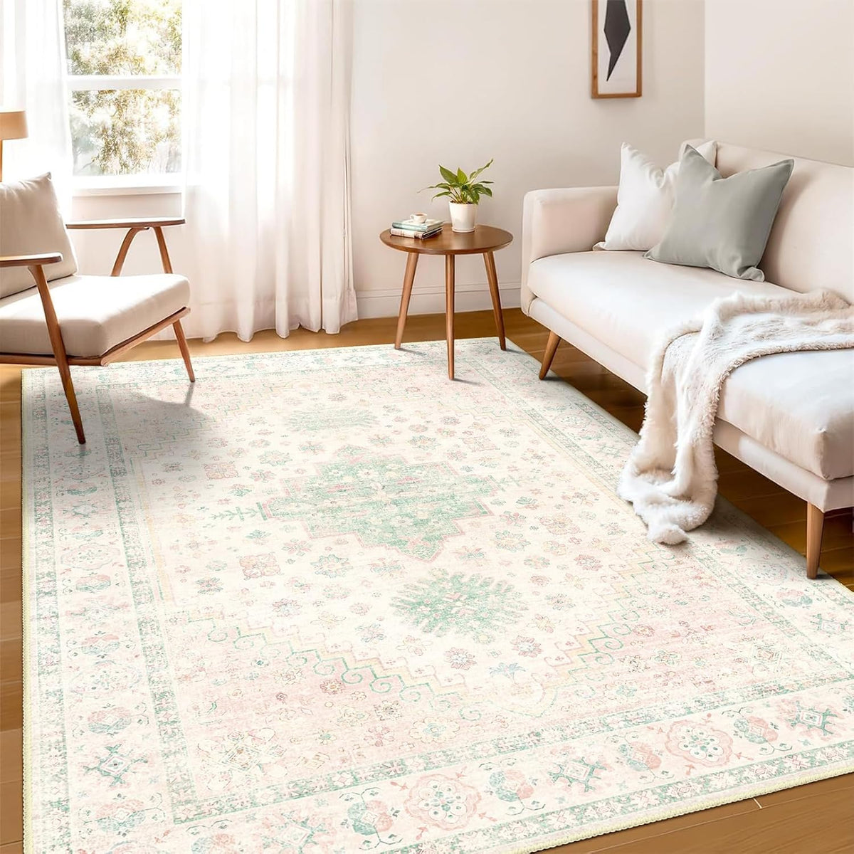 5x7 Area Rugs Washable Boho Low Pile Non Slip Pink and Green Large