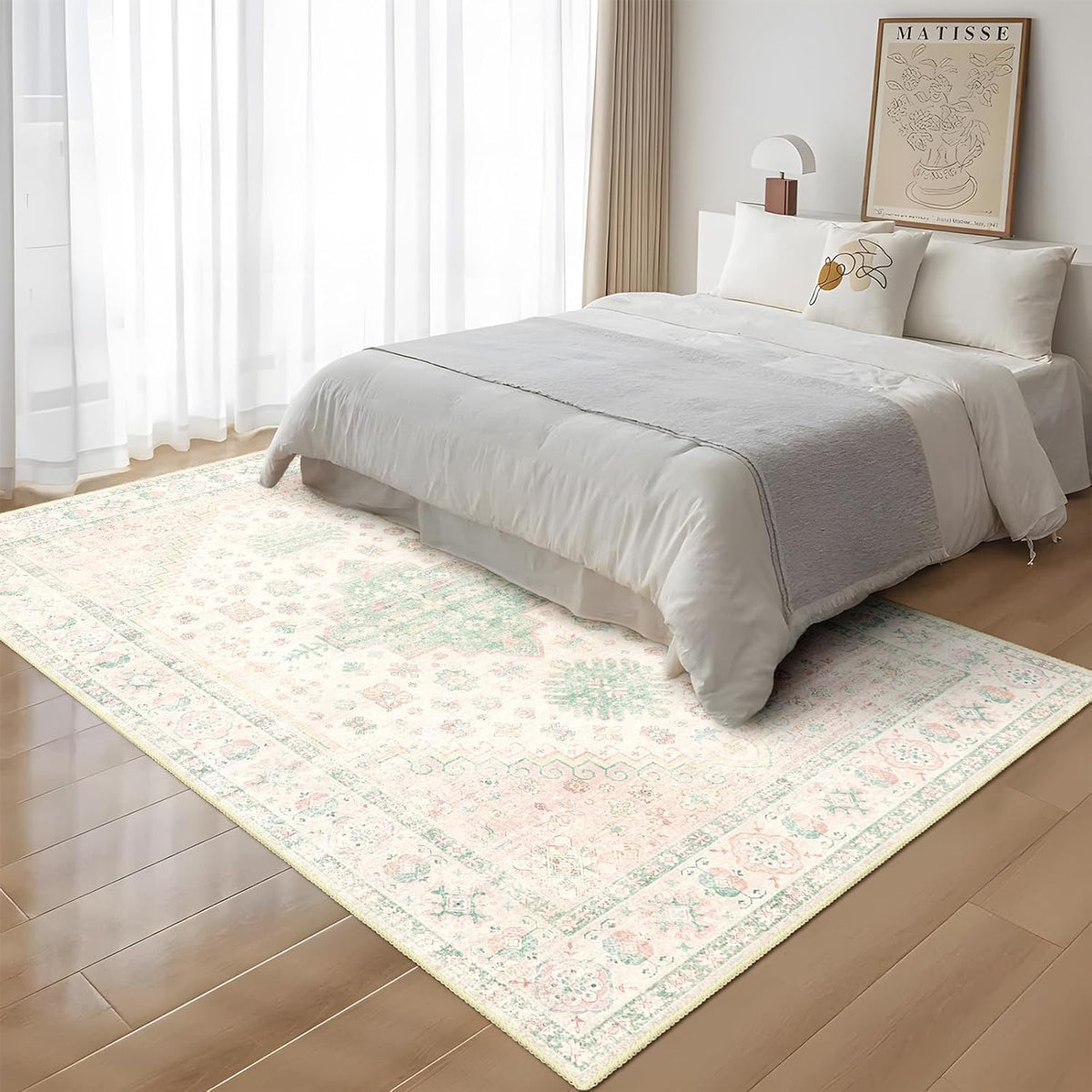 5x7 Area Rugs Washable Boho Low Pile Non Slip Pink and Green Large