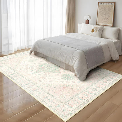 5x7 Area Rugs Washable Boho Low Pile Non Slip Pink and Green Large
