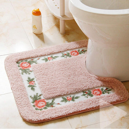Luxurious Soft Floral Non-Slip Toilet Contour Rug, Contour Bath Rug, Soft Shaggy U-Shaped Toilet Floor Mat for Bathroom 20-By-20 Inch, Pink
