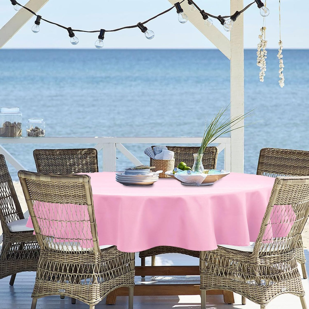 Round Tablecloth 80 Inch Polyester Table Cloth, Round Table Cover Waterproof Wipe Clean Spillproof for Kitchen Dining Wedding Outdoor Picnic Buffet Party, Light Pink