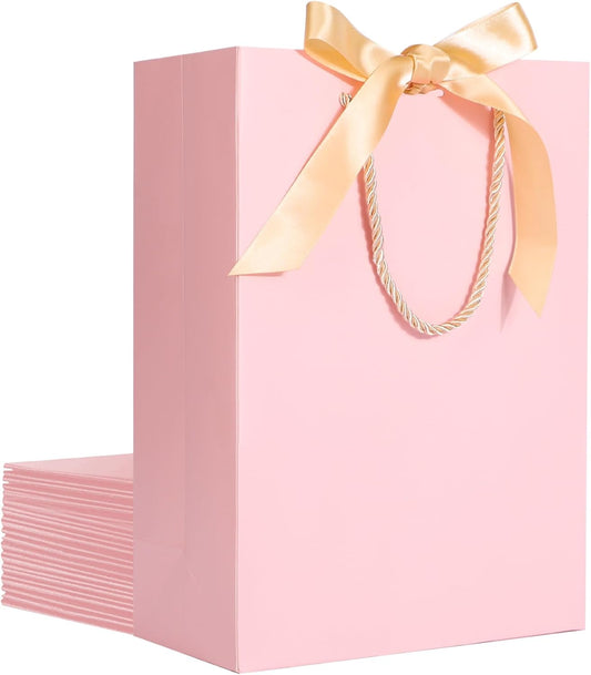 EUSOAR Gift Bags, 12pcs 7.8"x3.9"x11" Gift Paper Bags with Bow Ribbon Handle - Wedding, Baby Shower, Birthday, Bridesmaid, Business, Party - Pink