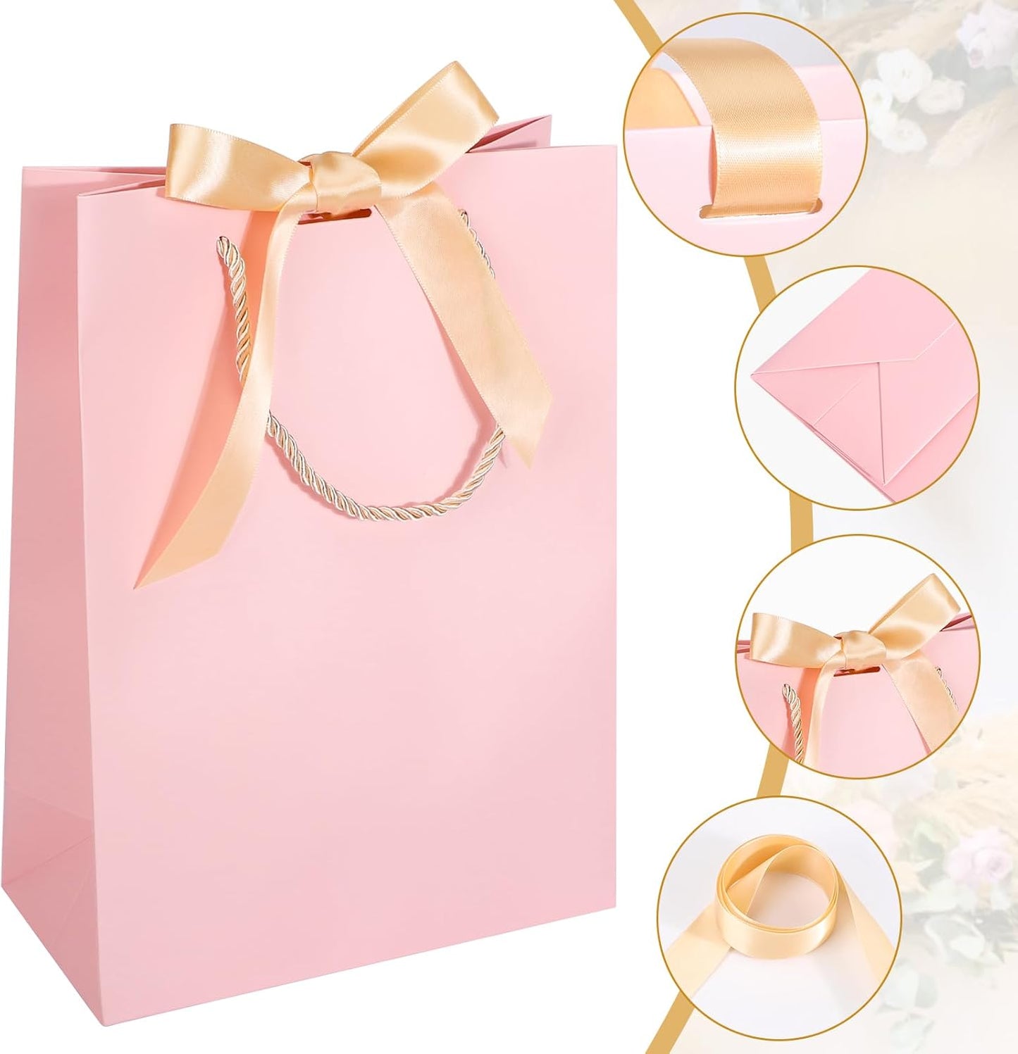 EUSOAR Gift Bags, 12pcs 7.8"x3.9"x11" Gift Paper Bags with Bow Ribbon Handle - Wedding, Baby Shower, Birthday, Bridesmaid, Business, Party - Pink