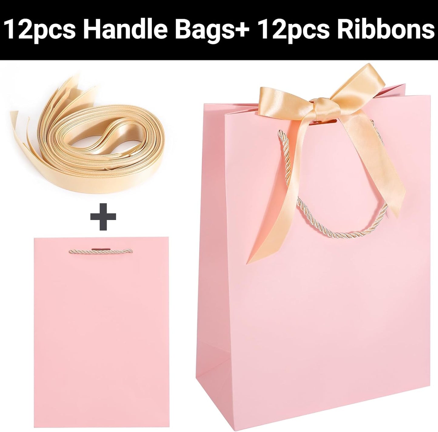 EUSOAR Gift Bags, 12pcs 7.8"x3.9"x11" Gift Paper Bags with Bow Ribbon Handle - Wedding, Baby Shower, Birthday, Bridesmaid, Business, Party - Pink
