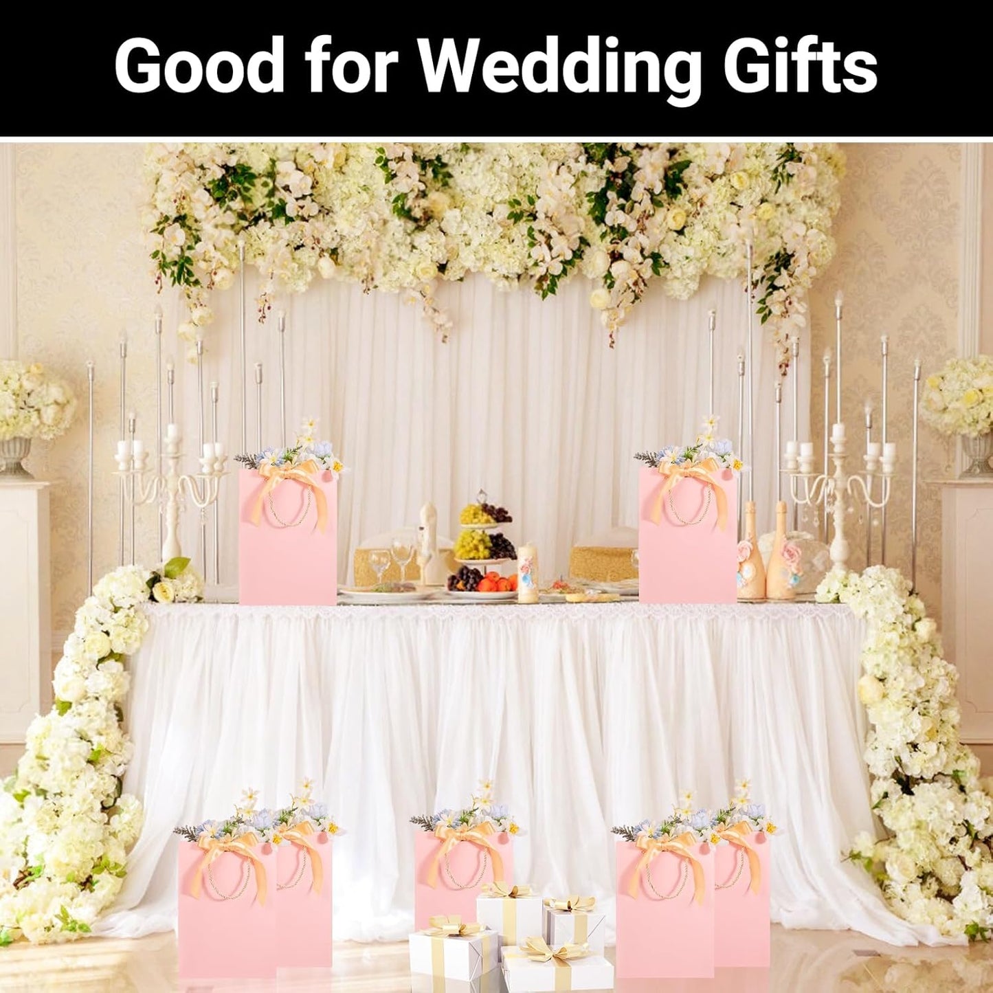 EUSOAR Gift Bags, 12pcs 7.8"x3.9"x11" Gift Paper Bags with Bow Ribbon Handle - Wedding, Baby Shower, Birthday, Bridesmaid, Business, Party - Pink