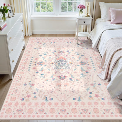 Floral 5x7 Washable Nursery Rug, Pink Rugs for Bedroom Girls, Boho Ultra-Thin Soft Non Slip Floor Carpet for Dorm Living Room Playroom Home Decor, Pastel Pink