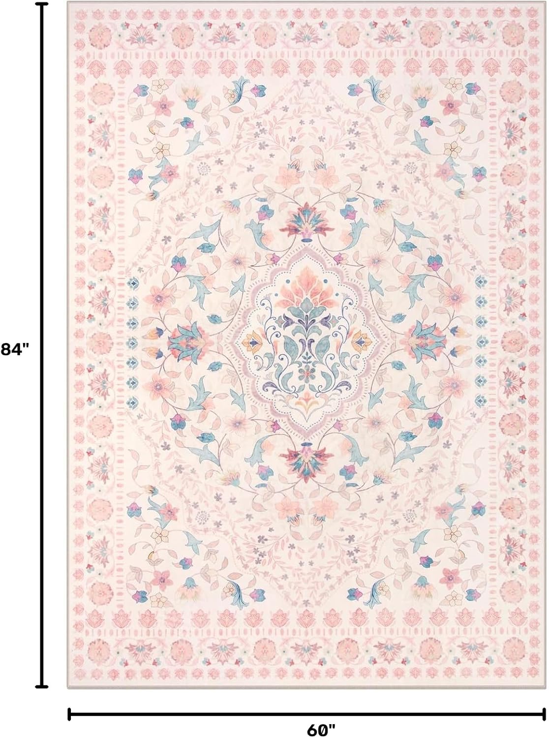 Floral 5x7 Washable Nursery Rug, Pink Rugs for Bedroom Girls, Boho Ultra-Thin Soft Non Slip Floor Carpet for Dorm Living Room Playroom Home Decor, Pastel Pink