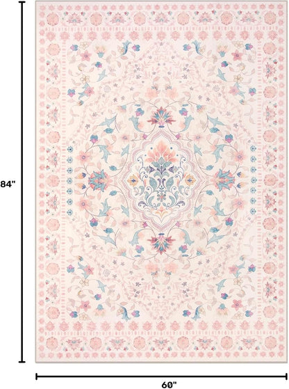 Floral 5x7 Washable Nursery Rug, Pink Rugs for Bedroom Girls, Boho Ultra-Thin Soft Non Slip Floor Carpet for Dorm Living Room Playroom Home Decor, Pastel Pink