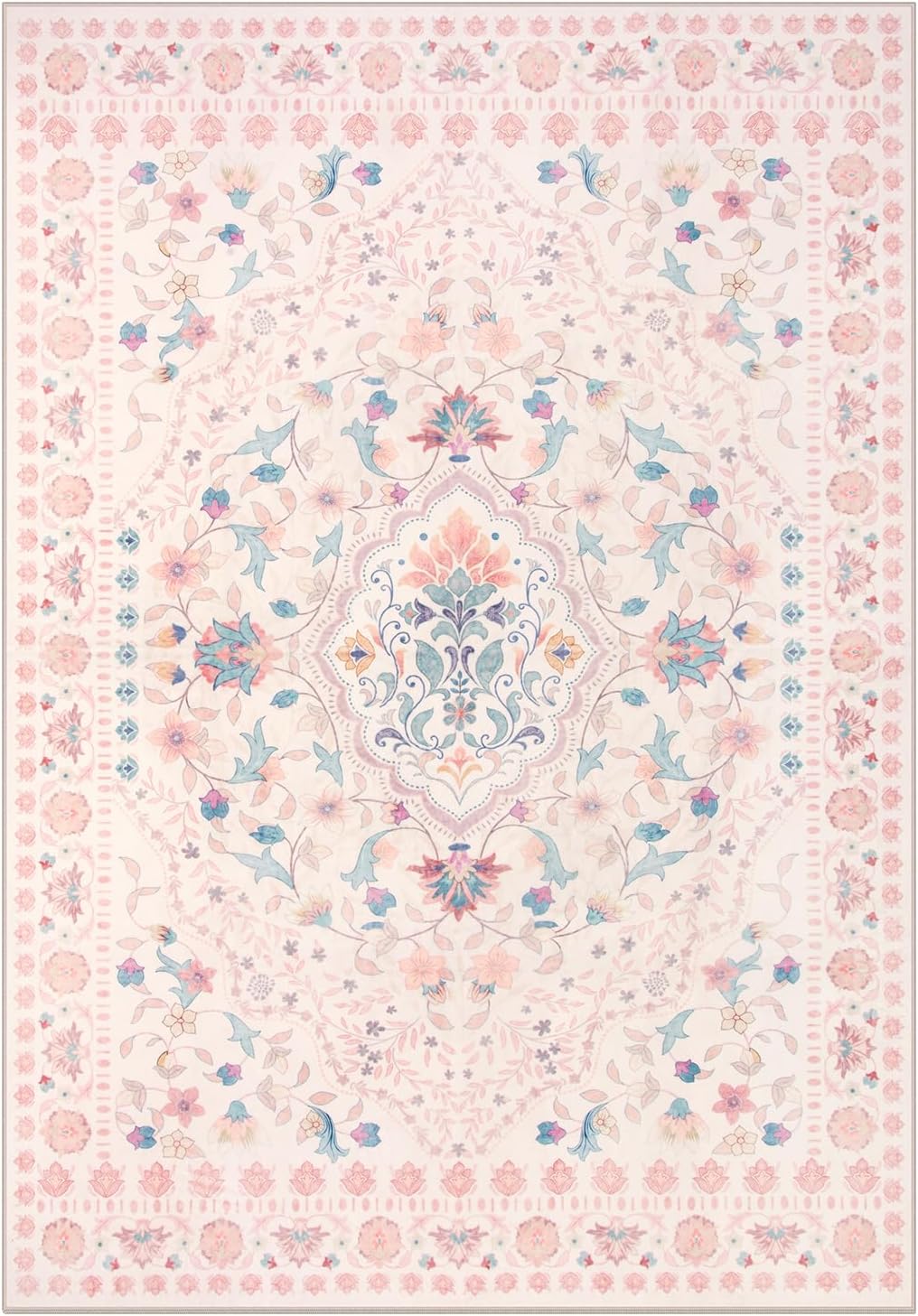 Floral 5x7 Washable Nursery Rug, Pink Rugs for Bedroom Girls, Boho Ultra-Thin Soft Non Slip Floor Carpet for Dorm Living Room Playroom Home Decor, Pastel Pink