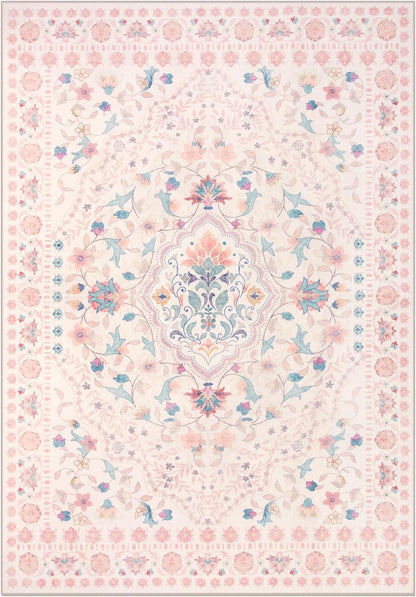 Floral 5x7 Washable Nursery Rug, Pink Rugs for Bedroom Girls, Boho Ultra-Thin Soft Non Slip Floor Carpet for Dorm Living Room Playroom Home Decor, Pastel Pink