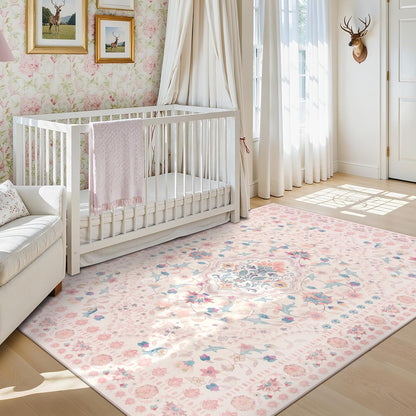 Floral 5x7 Washable Nursery Rug, Pink Rugs for Bedroom Girls, Boho Ultra-Thin Soft Non Slip Floor Carpet for Dorm Living Room Playroom Home Decor, Pastel Pink