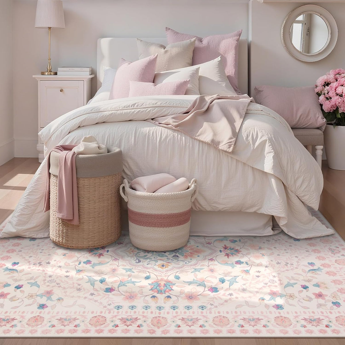Floral 5x7 Washable Nursery Rug, Pink Rugs for Bedroom Girls, Boho Ultra-Thin Soft Non Slip Floor Carpet for Dorm Living Room Playroom Home Decor, Pastel Pink