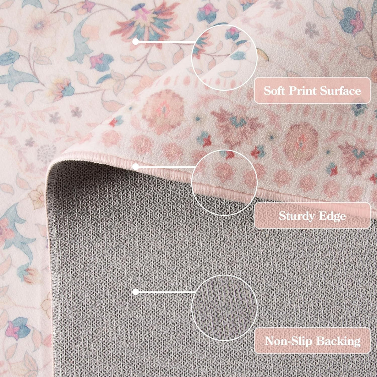 Floral 5x7 Washable Nursery Rug, Pink Rugs for Bedroom Girls, Boho Ultra-Thin Soft Non Slip Floor Carpet for Dorm Living Room Playroom Home Decor, Pastel Pink