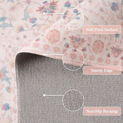 Floral 5x7 Washable Nursery Rug, Pink Rugs for Bedroom Girls, Boho Ultra-Thin Soft Non Slip Floor Carpet for Dorm Living Room Playroom Home Decor, Pastel Pink