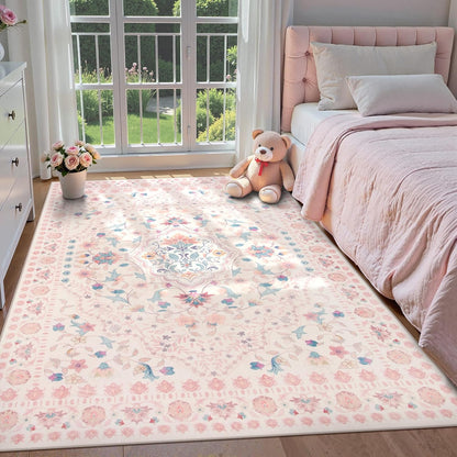 Floral 5x7 Washable Nursery Rug, Pink Rugs for Bedroom Girls, Boho Ultra-Thin Soft Non Slip Floor Carpet for Dorm Living Room Playroom Home Decor, Pastel Pink