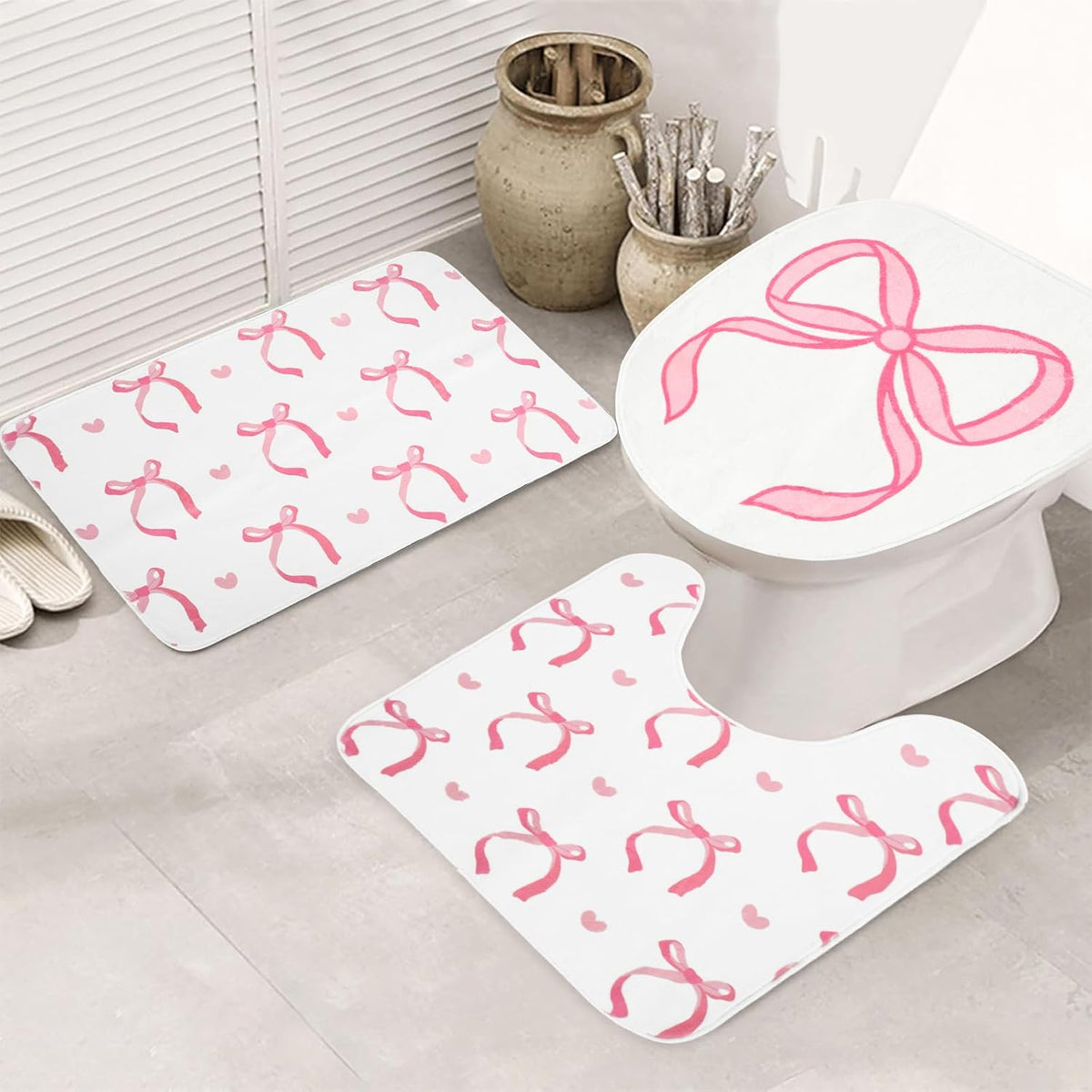 3Pcs Pink Bow Bathroom Mat Set Includes Cute Tufted U-Shaped Contour Toilet Rug Bathmat and Toilet Lid Cover for Luxury Bathroom Decoration