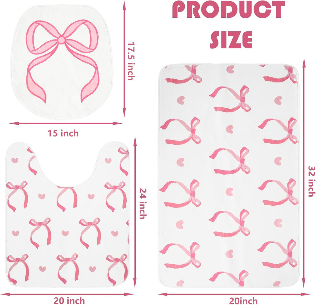 3Pcs Pink Bow Bathroom Mat Set Includes Cute Tufted U-Shaped Contour Toilet Rug Bathmat and Toilet Lid Cover for Luxury Bathroom Decoration