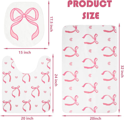 3Pcs Pink Bow Bathroom Mat Set Includes Cute Tufted U-Shaped Contour Toilet Rug Bathmat and Toilet Lid Cover for Luxury Bathroom Decoration