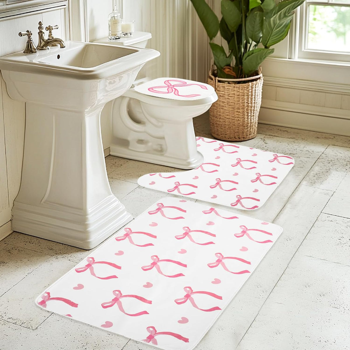 3Pcs Pink Bow Bathroom Mat Set Includes Cute Tufted U-Shaped Contour Toilet Rug Bathmat and Toilet Lid Cover for Luxury Bathroom Decoration