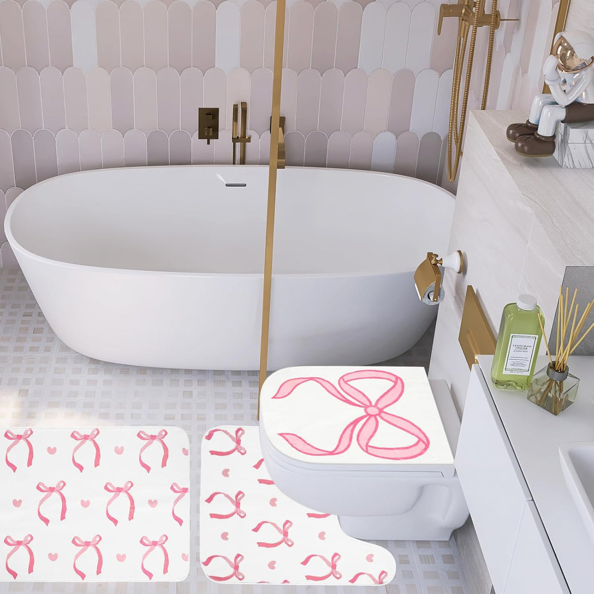 3Pcs Pink Bow Bathroom Mat Set Includes Cute Tufted U-Shaped Contour Toilet Rug Bathmat and Toilet Lid Cover for Luxury Bathroom Decoration