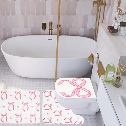 3Pcs Pink Bow Bathroom Mat Set Includes Cute Tufted U-Shaped Contour Toilet Rug Bathmat and Toilet Lid Cover for Luxury Bathroom Decoration