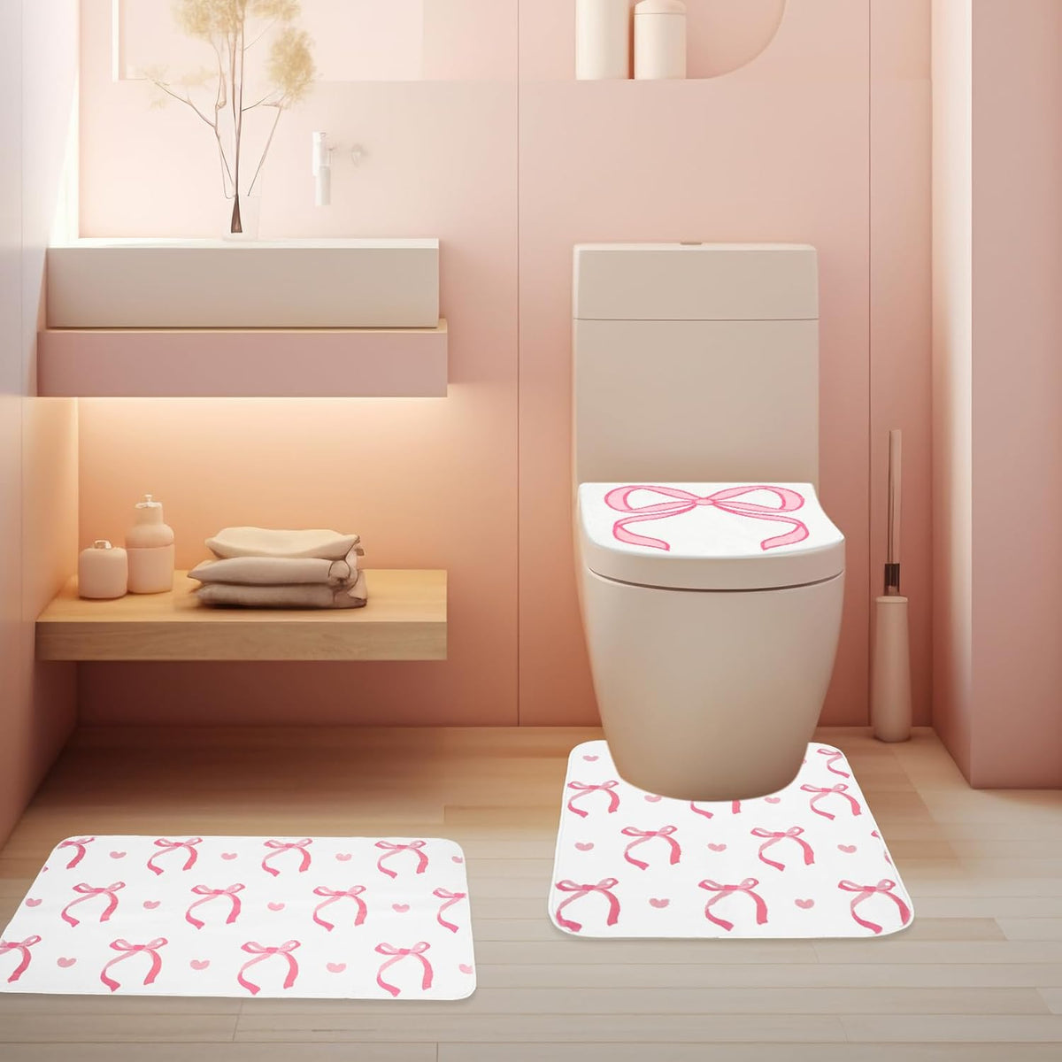 3Pcs Pink Bow Bathroom Mat Set Includes Cute Tufted U-Shaped Contour Toilet Rug Bathmat and Toilet Lid Cover for Luxury Bathroom Decoration