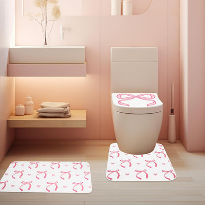 3Pcs Pink Bow Bathroom Mat Set Includes Cute Tufted U-Shaped Contour Toilet Rug Bathmat and Toilet Lid Cover for Luxury Bathroom Decoration