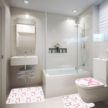 3Pcs Pink Bow Bathroom Mat Set Includes Cute Tufted U-Shaped Contour Toilet Rug Bathmat and Toilet Lid Cover for Luxury Bathroom Decoration