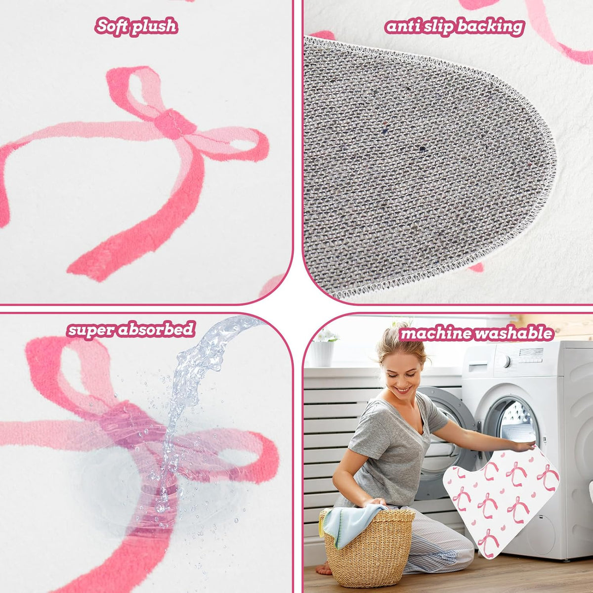 3Pcs Pink Bow Bathroom Mat Set Includes Cute Tufted U-Shaped Contour Toilet Rug Bathmat and Toilet Lid Cover for Luxury Bathroom Decoration