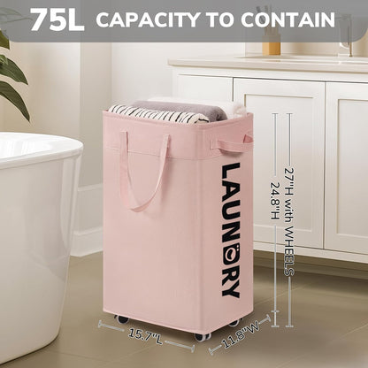 2-Pack Laundry Hamper with Wheels, Dorm Essentials for Girls,75L