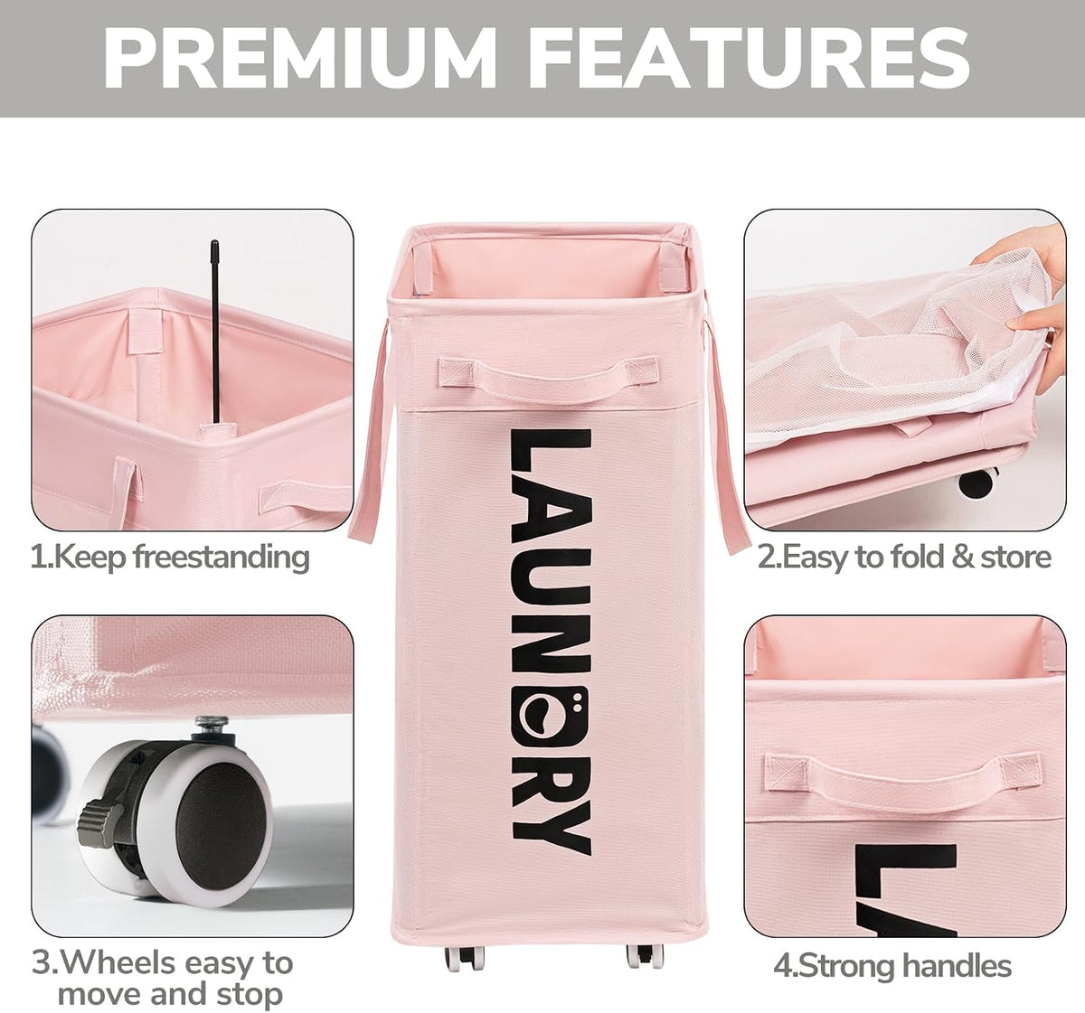 2-Pack Laundry Hamper with Wheels, Dorm Essentials for Girls,75L