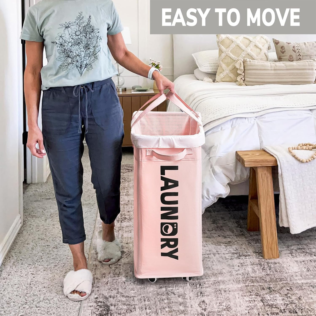 2-Pack Laundry Hamper with Wheels, Dorm Essentials for Girls,75L