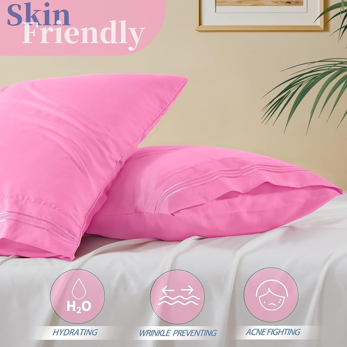 Vonty 2 Pack Pink Standard Pillowcases, 20x26, 1800 Microfiber