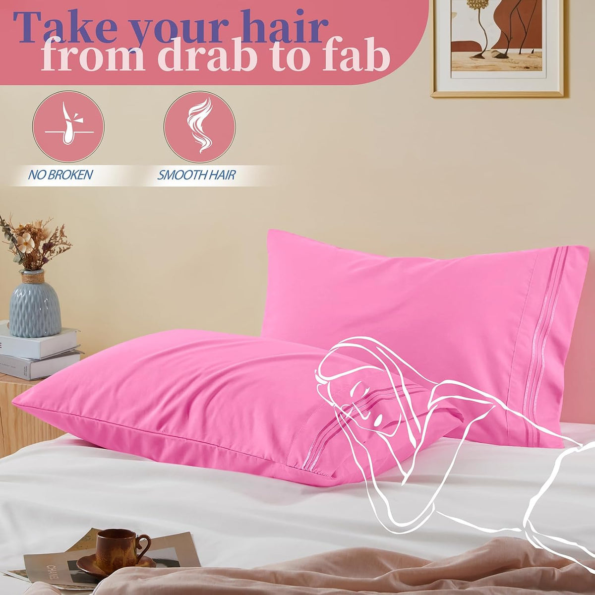 Vonty 2 Pack Pink Standard Pillowcases, 20x26, 1800 Microfiber