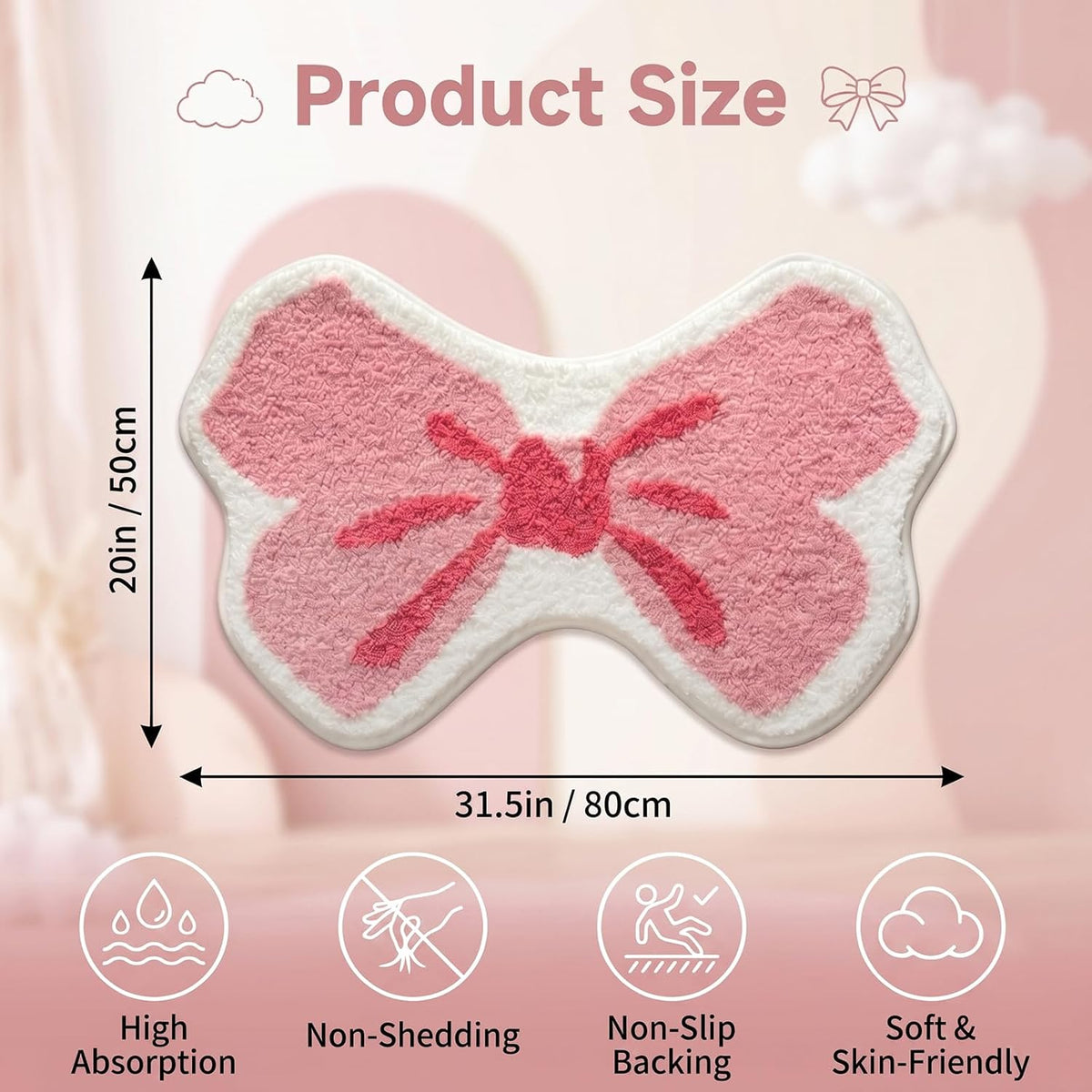 Cute Bow Shaped Bath Mat, Non Slip Coquette Bathroom Rug, Fluffy Plush Microfiber Absorbent Shower Rug, Washable Preppy Girly Decor for Bathtub Sink Bedroom Living Room, 31.5" x 20" (Light Pink)