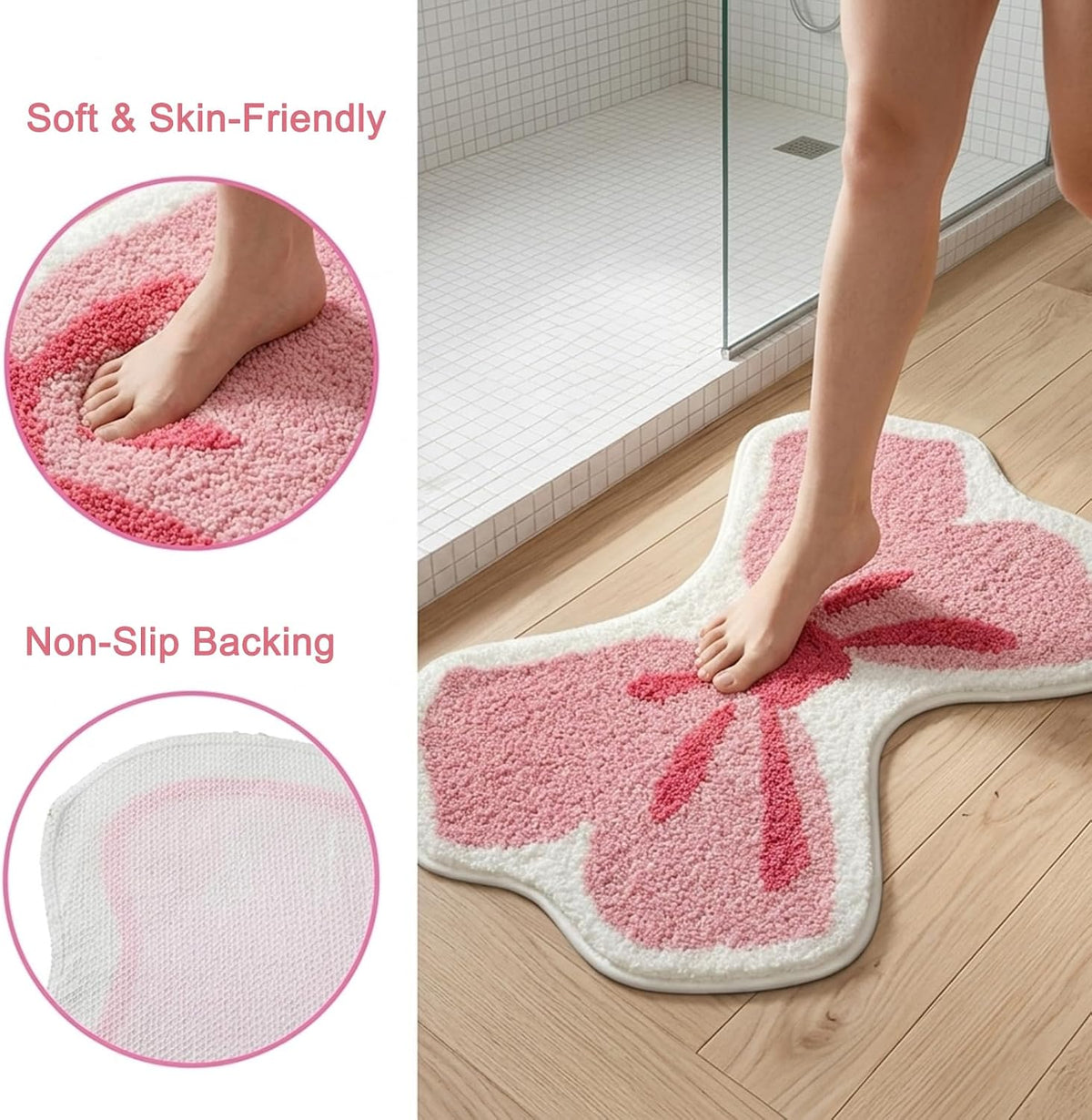 Cute Bow Shaped Bath Mat, Non Slip Coquette Bathroom Rug, Fluffy Plush Microfiber Absorbent Shower Rug, Washable Preppy Girly Decor for Bathtub Sink Bedroom Living Room, 31.5" x 20" (Light Pink)