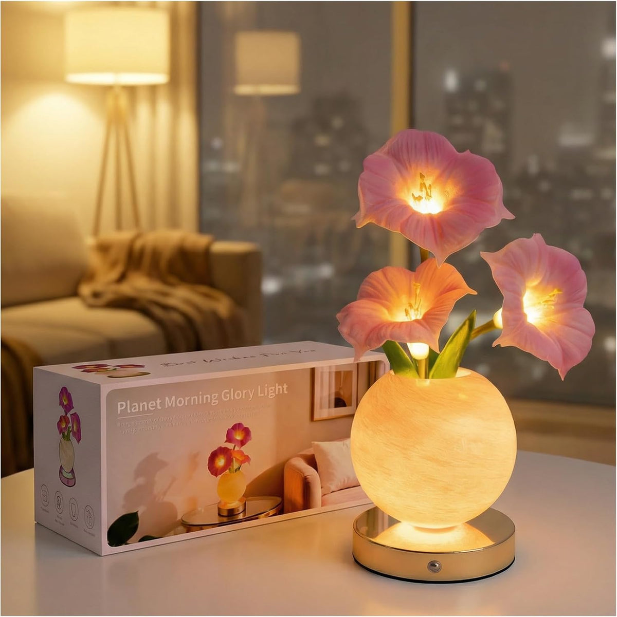 Pink Morning Glory Lamp – Rechargeable Wireless Touch-Control Dimmable Faux Flower Desk Light, LED Glass Planet Vase Night Light, Kitchen Bedroom Office Decor, Housewarming Gift Women and Mom