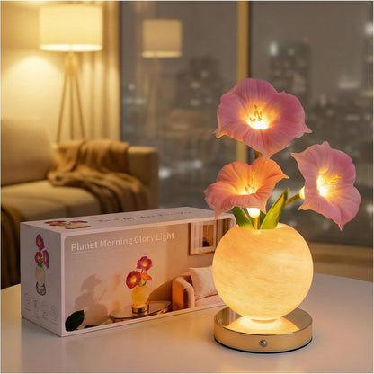 Pink Morning Glory Lamp – Rechargeable Wireless Touch-Control Dimmable Faux Flower Desk Light, LED Glass Planet Vase Night Light, Kitchen Bedroom Office Decor, Housewarming Gift Women and Mom