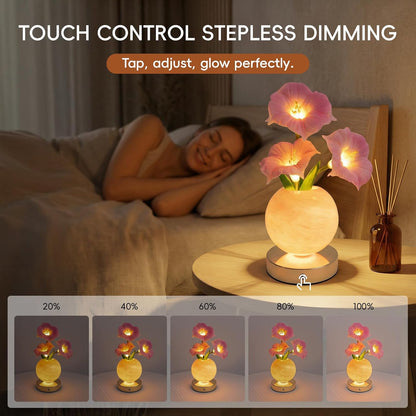 Pink Morning Glory Lamp – Rechargeable Wireless Touch-Control Dimmable Faux Flower Desk Light, LED Glass Planet Vase Night Light, Kitchen Bedroom Office Decor, Housewarming Gift Women and Mom