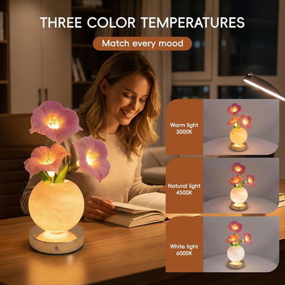 Pink Morning Glory Lamp – Rechargeable Wireless Touch-Control Dimmable Faux Flower Desk Light, LED Glass Planet Vase Night Light, Kitchen Bedroom Office Decor, Housewarming Gift Women and Mom